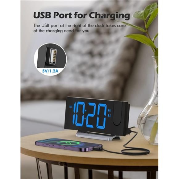 Projection Alarm Clock with FM Radio,USB Charging Port,0-100% Dimmer,Dual Alarms - Picture 3 of 5
